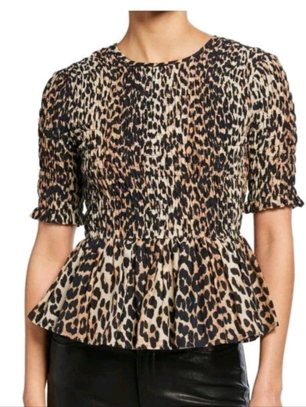 Ganni‎ Leopard Smocked Peplum Blouse Black Tan EU 34 Silk Blend Short Sleeve Top